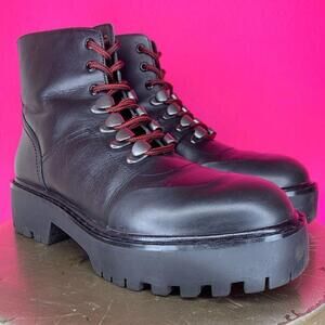 Zara Black Leather Hiker Lug Sole Platform Ankle Boots US 6